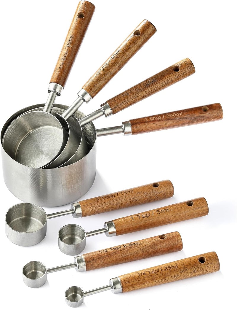 DAJLFA 8PCS Measuring Cups, Stainless Steel Measuring Cups and Spoons Set with Ergonomic Wooden Handle for Cooking & Baking - Image 1